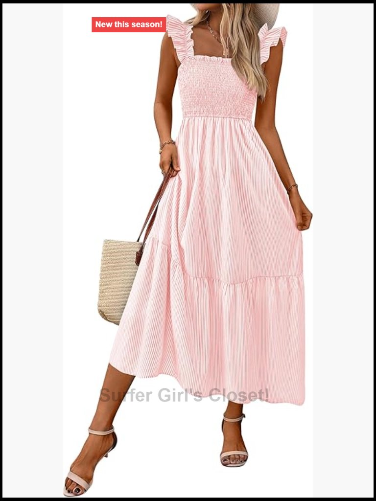 Women's Square Neck Ruffle Strap Gingham Smocked Midi A-Line Flowy Dress